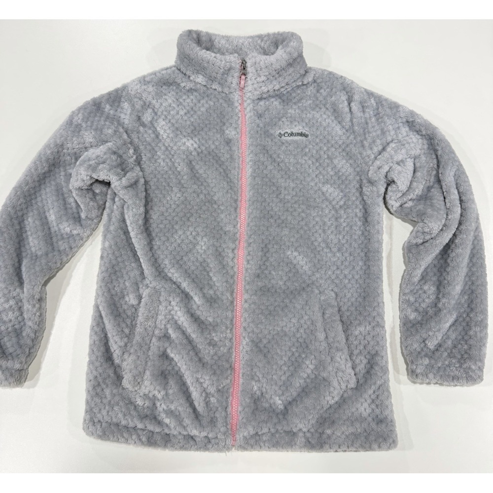 Columbia Girls XL 18/20 Plush Fleece Jacket Gray Pink Full Zip Cozy Fuzzy